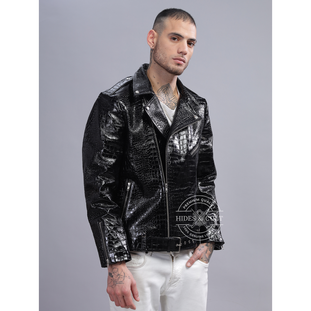 Mens Black Patent Croc Effect Motorcycle Biker Genuine Leather Jacket