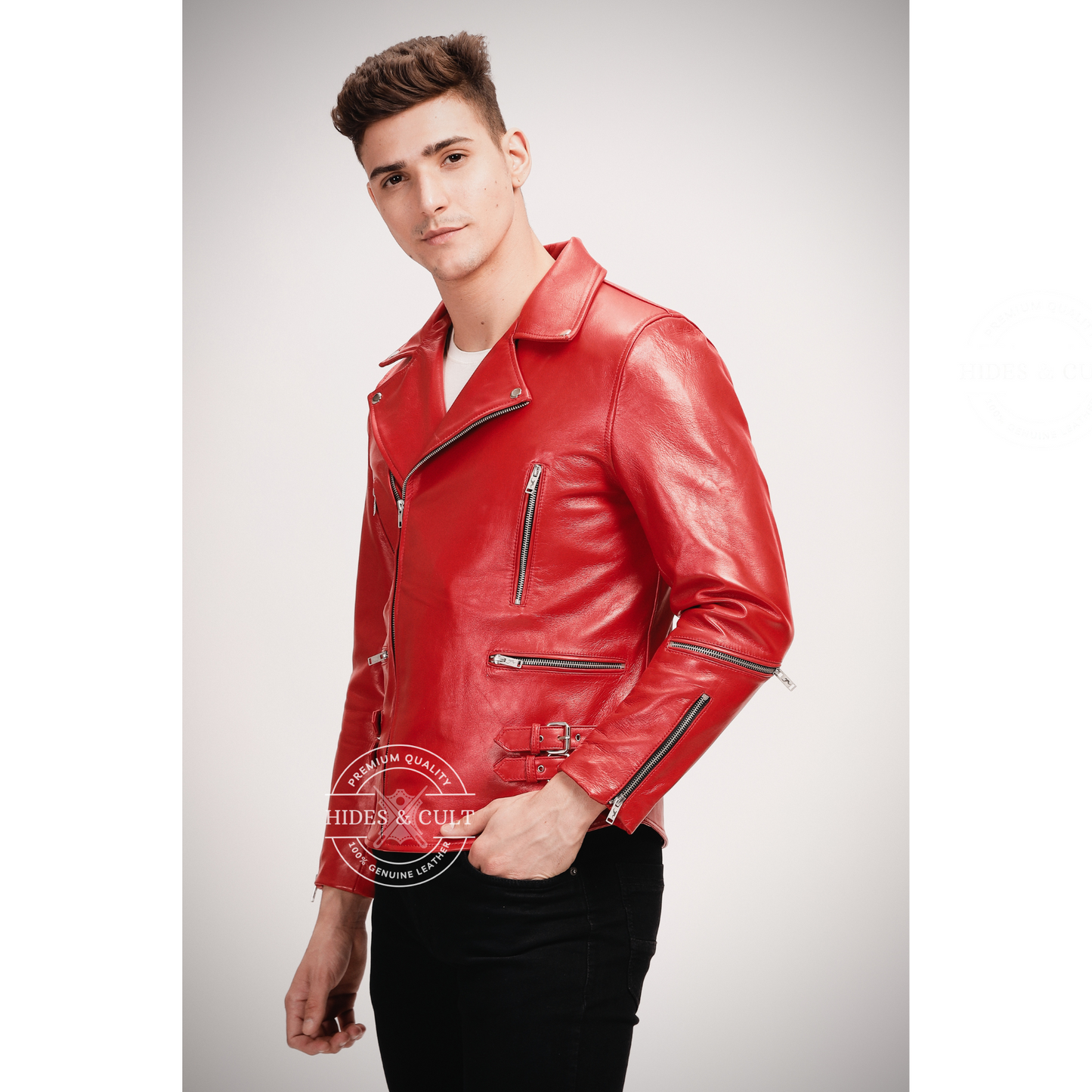 Mens Blood Red Slim Fit Motorcycle Biker Leather Jacket