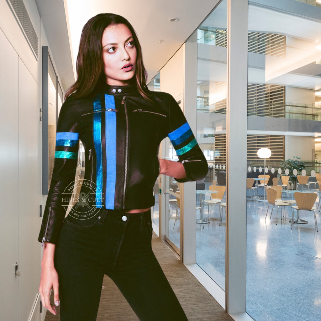 Womens Black - Metallic Stripes Motorcycle Racer Genuine Leather Jacket