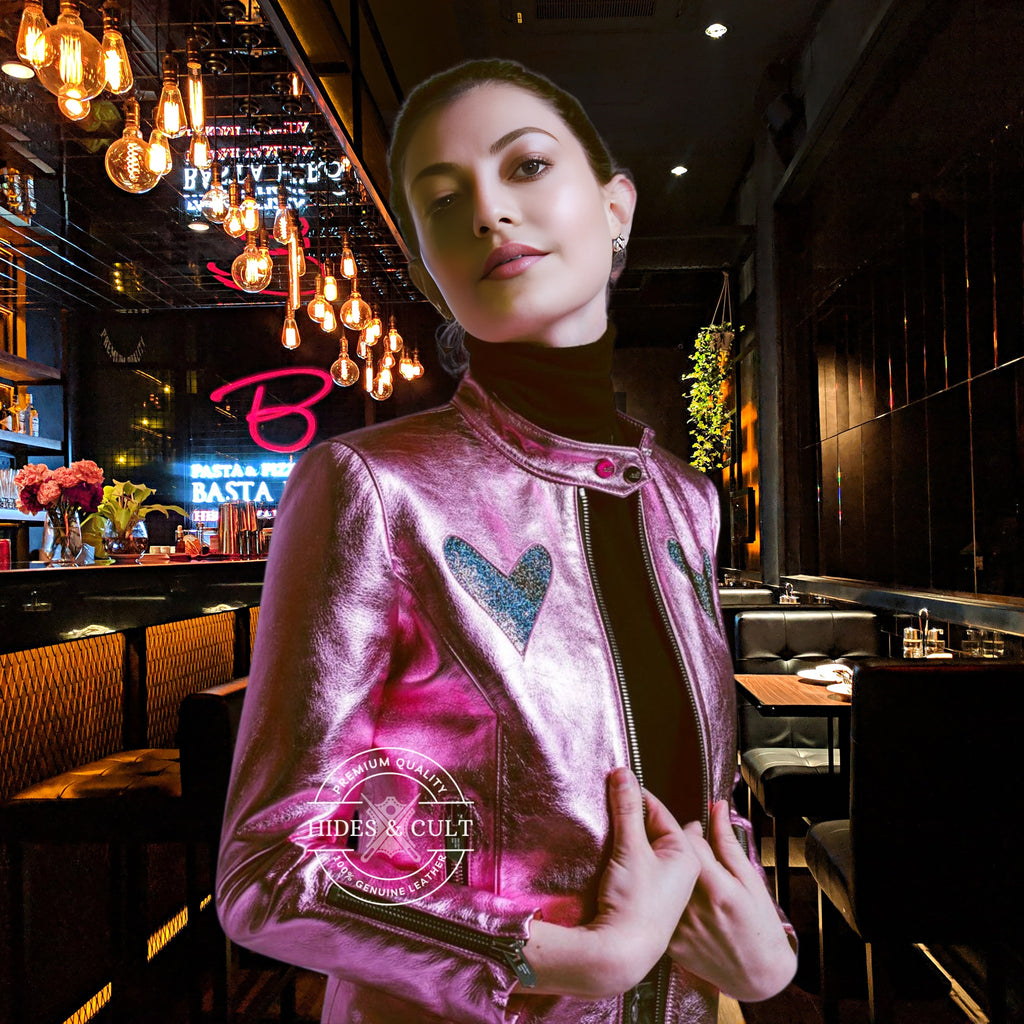 Womens Pink Metallic Foil Crystal Heart Effect Genuine Leather Jacket