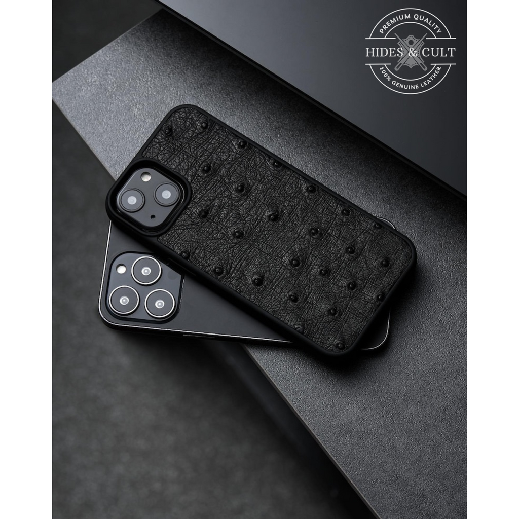 Luxury Black Ostrich Print Shockproof Genuine Leather Iphone Case