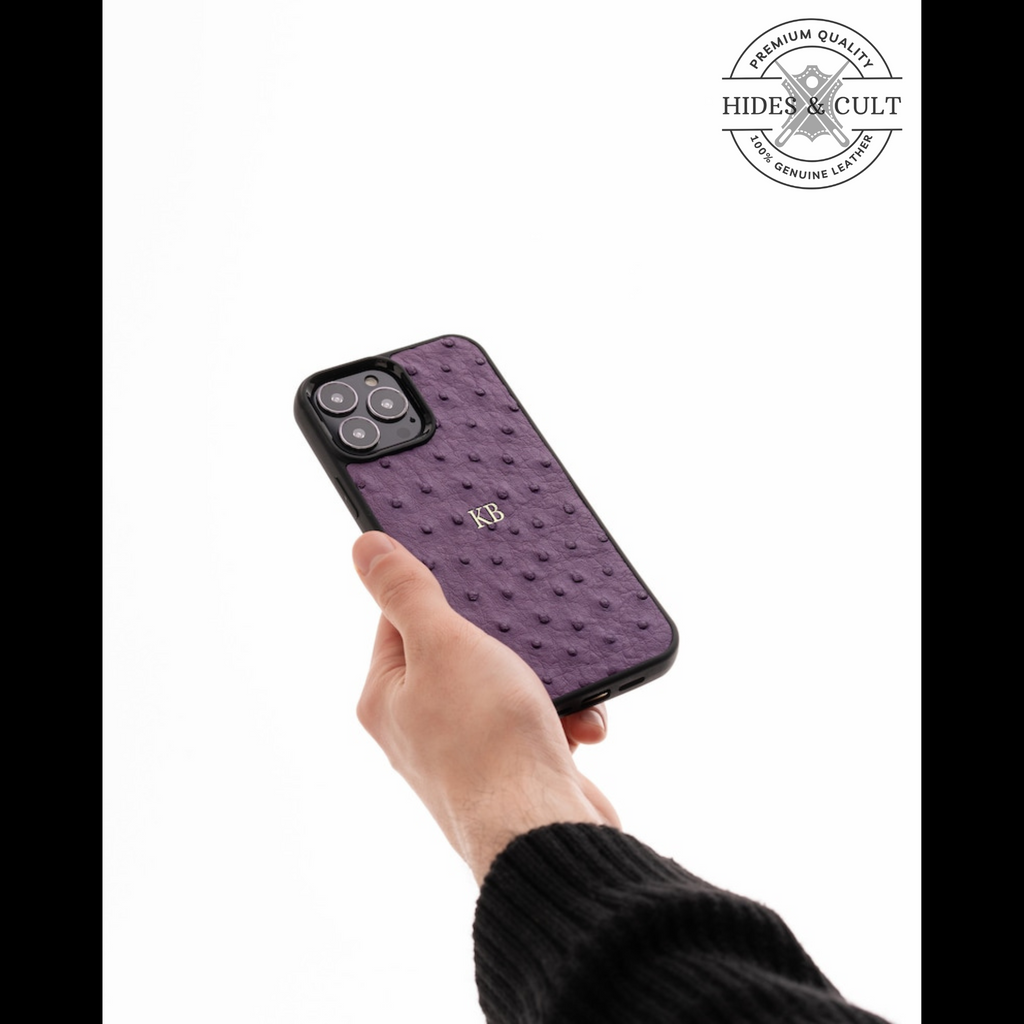 Luxury Purple Ostrich Print Shockproof Genuine Leather Iphone Case