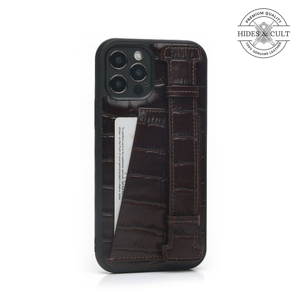 Luxury Brown - Blue Croc Embossed Shockproof Genuine Leather Iphone Case with Handle