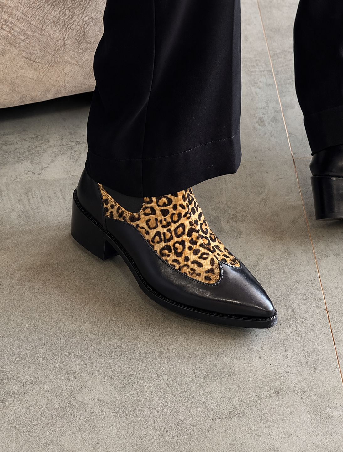 Handmade Black with Leopard Hair On Pointed Toe Cuban Heel Genuine Leather Boots Men | Hides&Cult