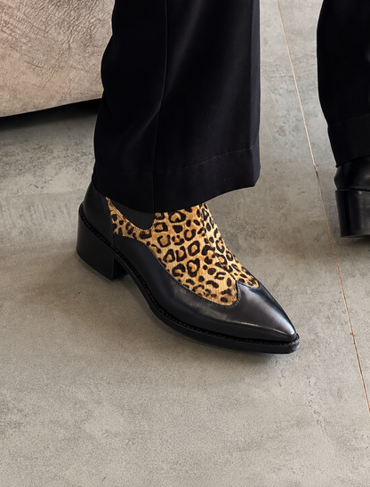 Handmade Black with Leopard Hair On Pointed Toe Cuban Heel Genuine Leather Boots Men | Hides&Cult