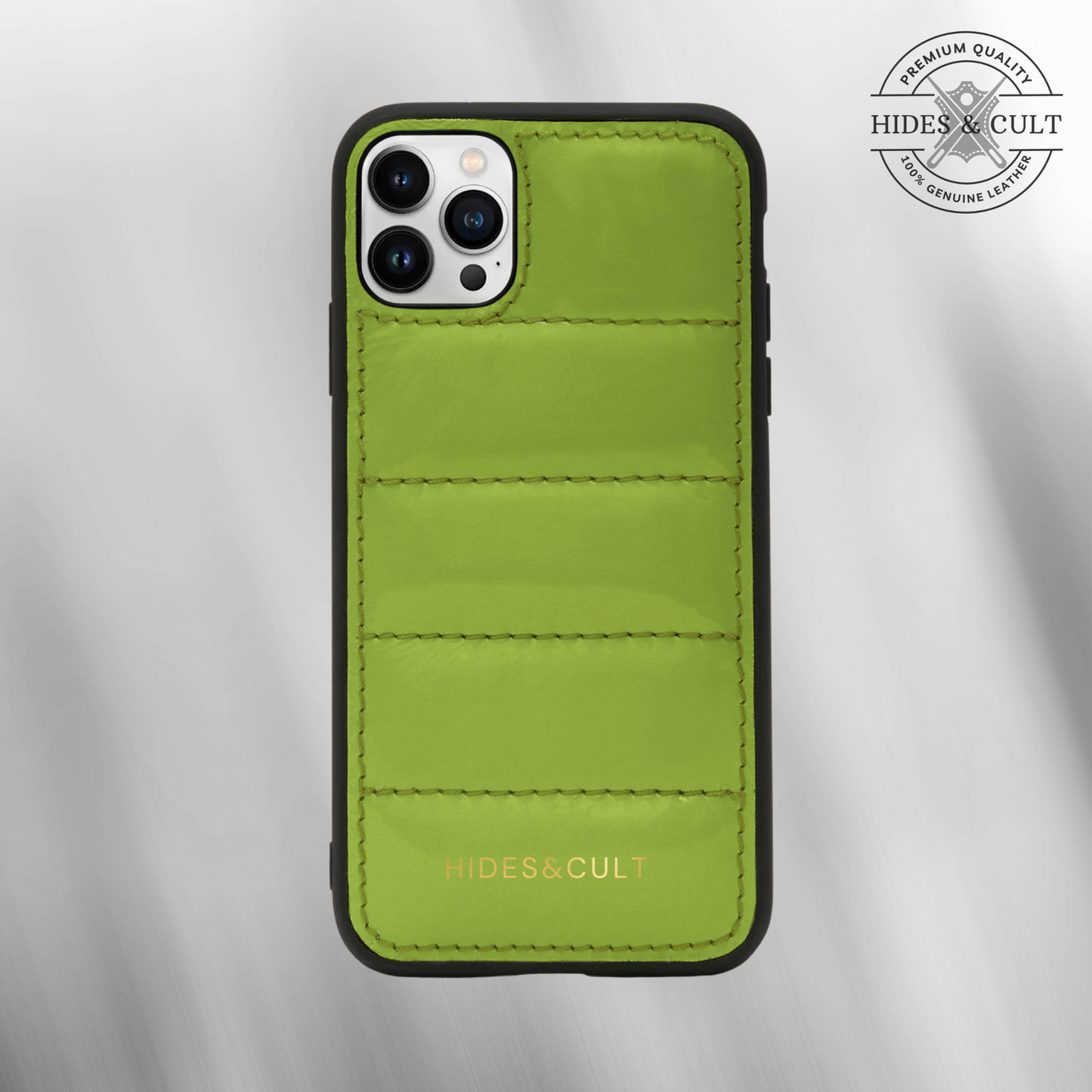 Luxury iPhone Puffer Case - Nature Green Patent Quilted Genuine Leather Iphone Case