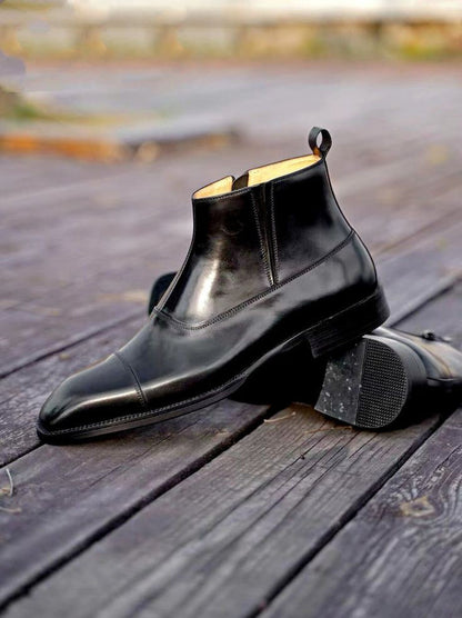 Black Toe Cut Side Zip Ankle Leather Boots | Hides&Cult
