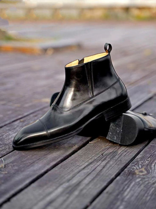 Black Toe Cut Side Zip Ankle Leather Boots | Hides&Cult