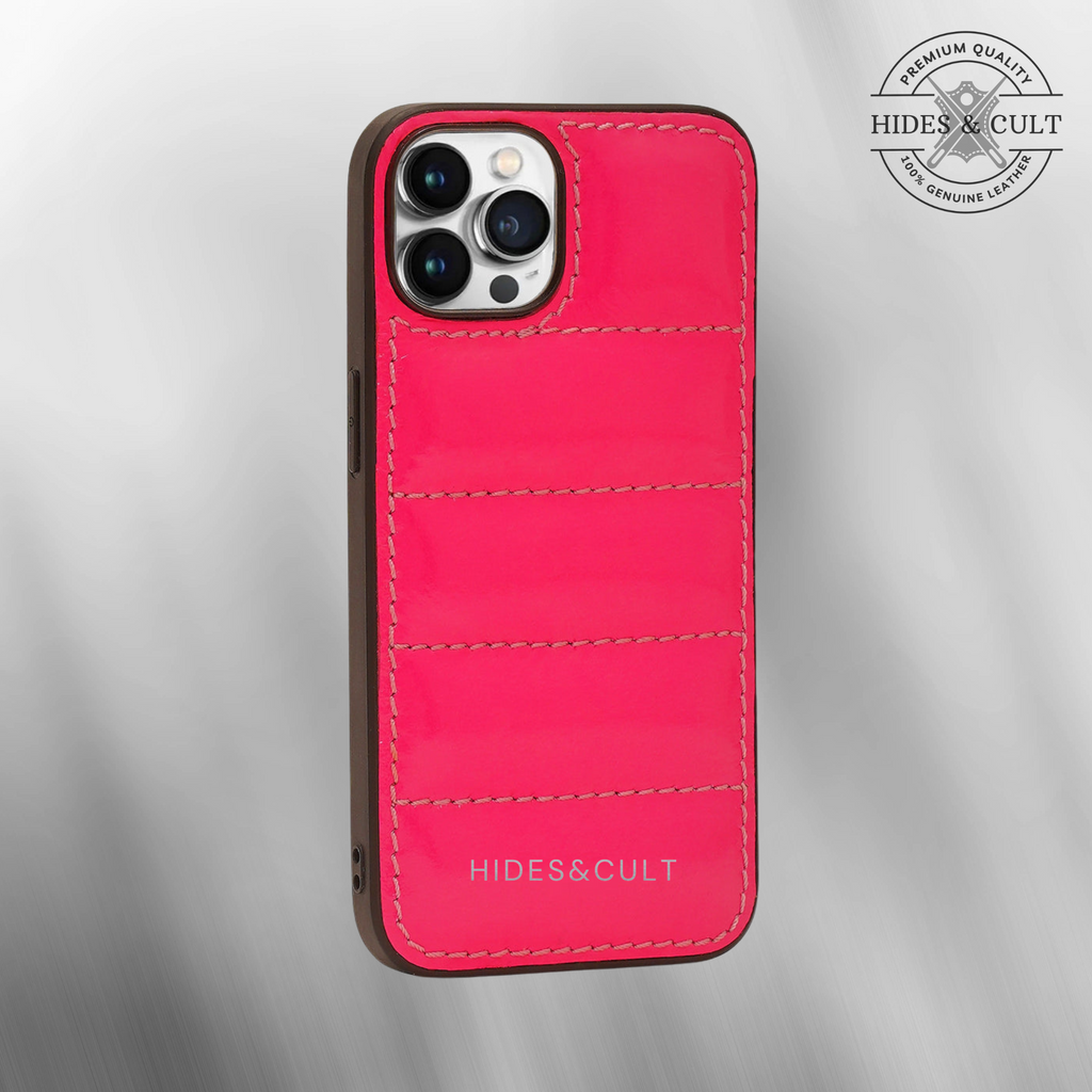 Luxury iPhone Puffer Case - Bright Pink Patent Quilted Genuine Leather Iphone Case
