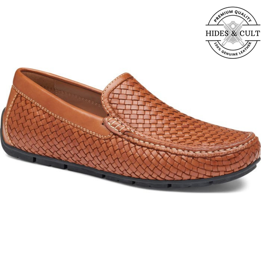 Tan Brown Woven Effect Leather Loafers | Hides&Cult
