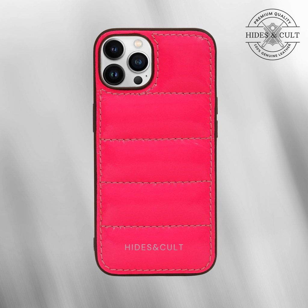 Luxury iPhone Puffer Case - Bright Pink Patent Quilted Genuine Leather Iphone Case