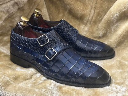 Croco Double Monk Strap Shoes - Deep Blue | Hides&Cult