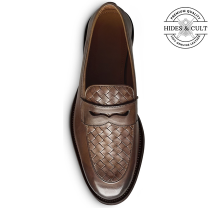 Brown Hand Woven Vamp Party-wear Leather SlipOn Loafers | Hides&Cult