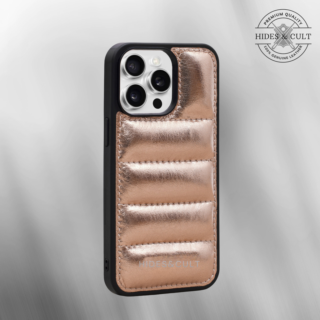 Luxury iPhone Puffer Case - Rose Gold Metallic Foil Quilted Genuine Leather Iphone Case