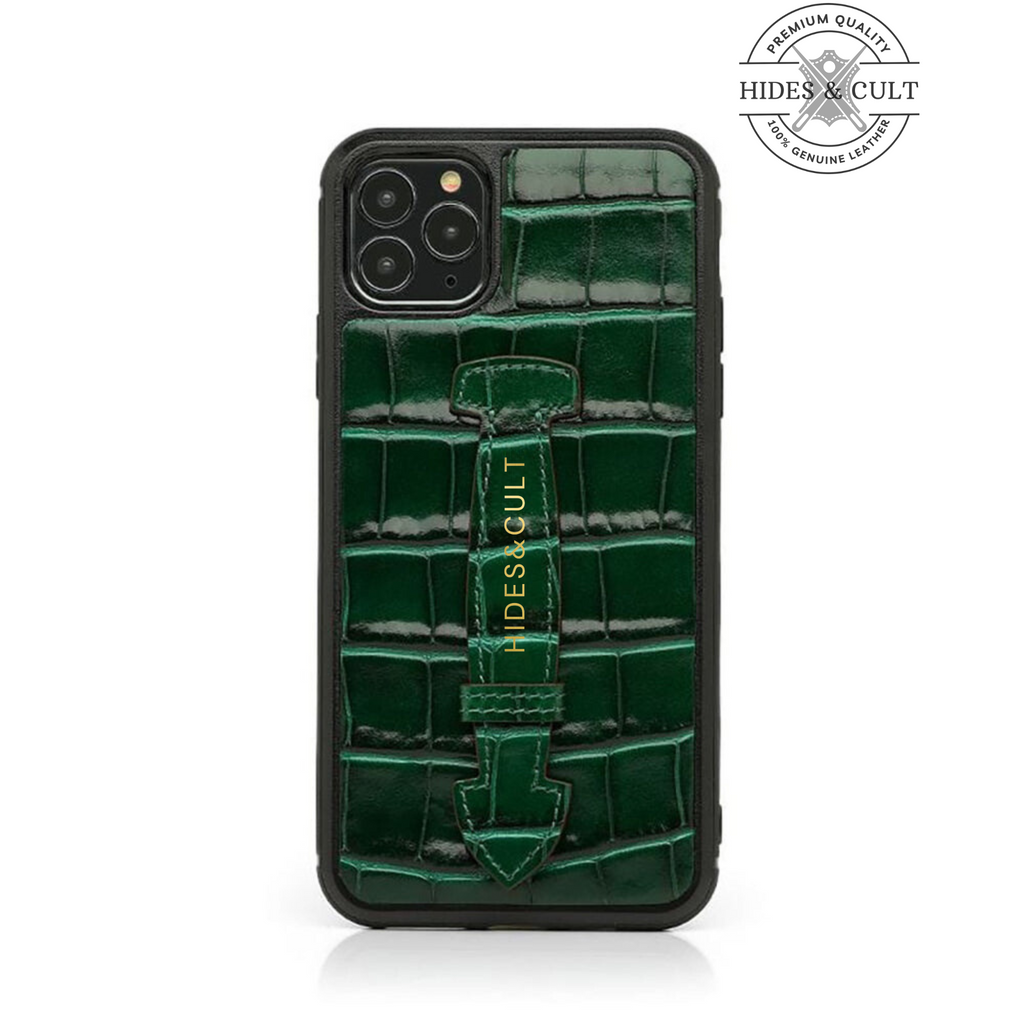 Luxury Black Patent Croc Shockproof Genuine Leather Iphone Case with Handle