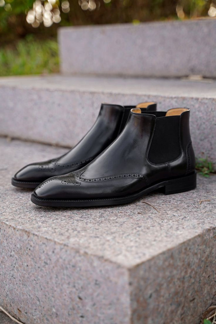 Black Classic Italian Brogue Chelsea Boots | Hides&Cult