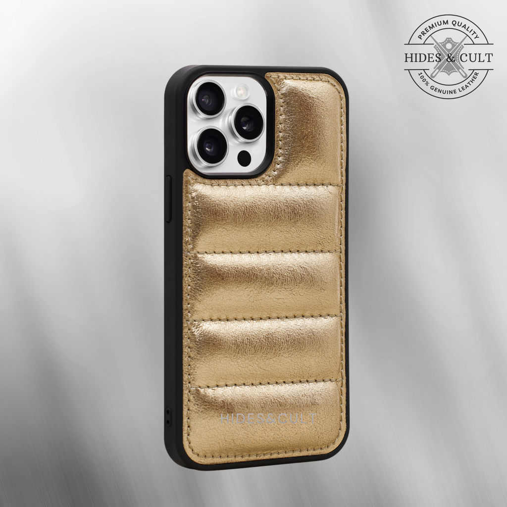 Luxury iPhone Puffer Case - Gold Metallic Foil Quilted Genuine Leather Iphone Case