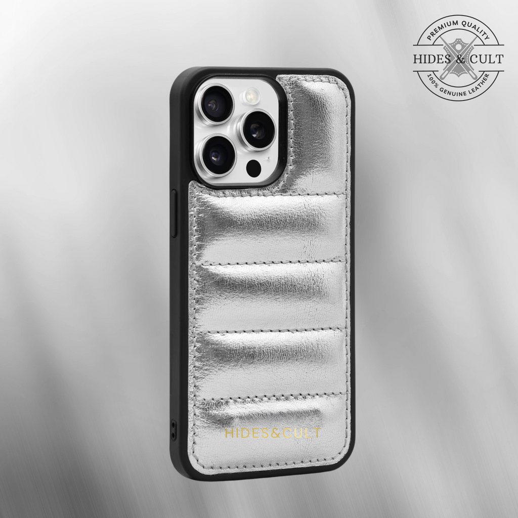 Luxury iPhone Puffer Case - Silver Metallic Foil Quilted Genuine Leather Iphone Case