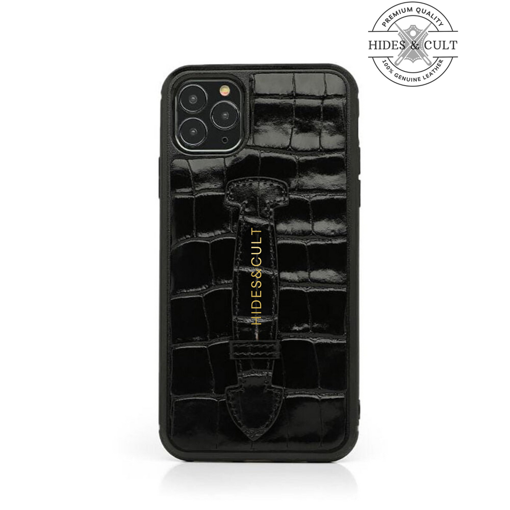 Luxury Black Patent Croc Shockproof Genuine Leather Iphone Case with Handle