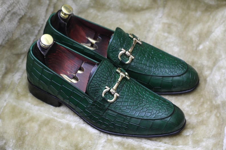 Croco Slip On Horse-bit Loafers - Green | Hides&Cult