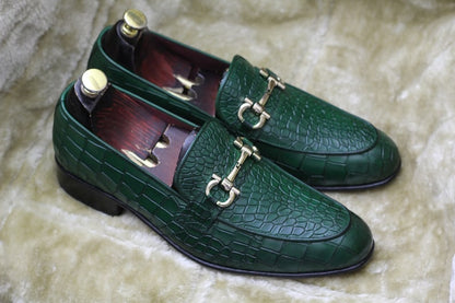 Croco Slip On Horse-bit Loafers - Green | Hides&Cult
