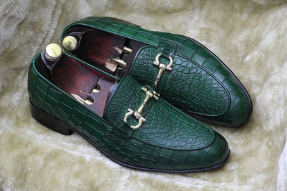 Croco Slip On Horse-bit Loafers - Green | Hides&Cult