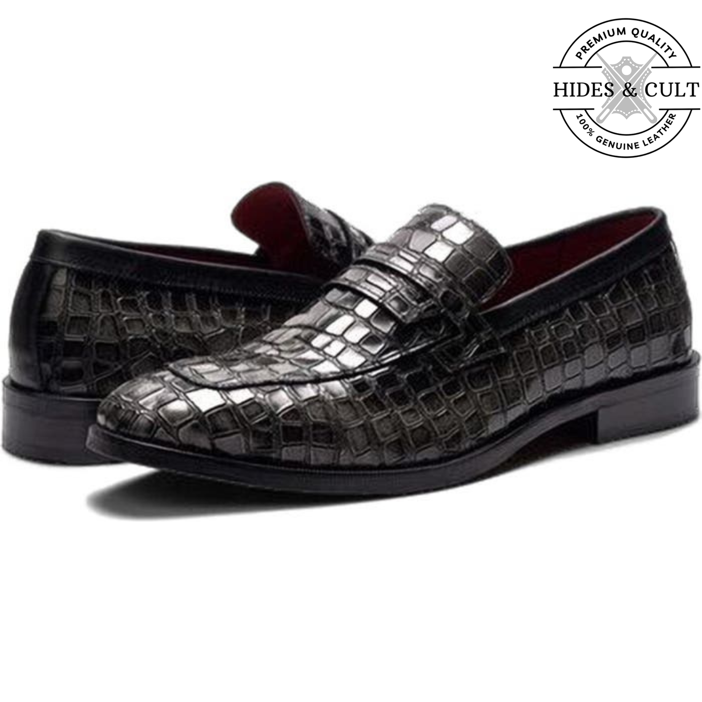 Grey Tone Croc Leather Moccasin Loafers | Hides&Cult