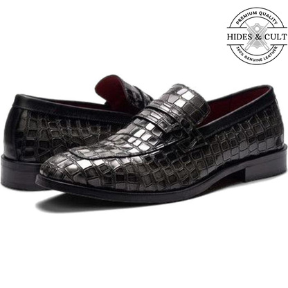Grey Tone Croc Leather Moccasin Loafers | Hides&Cult
