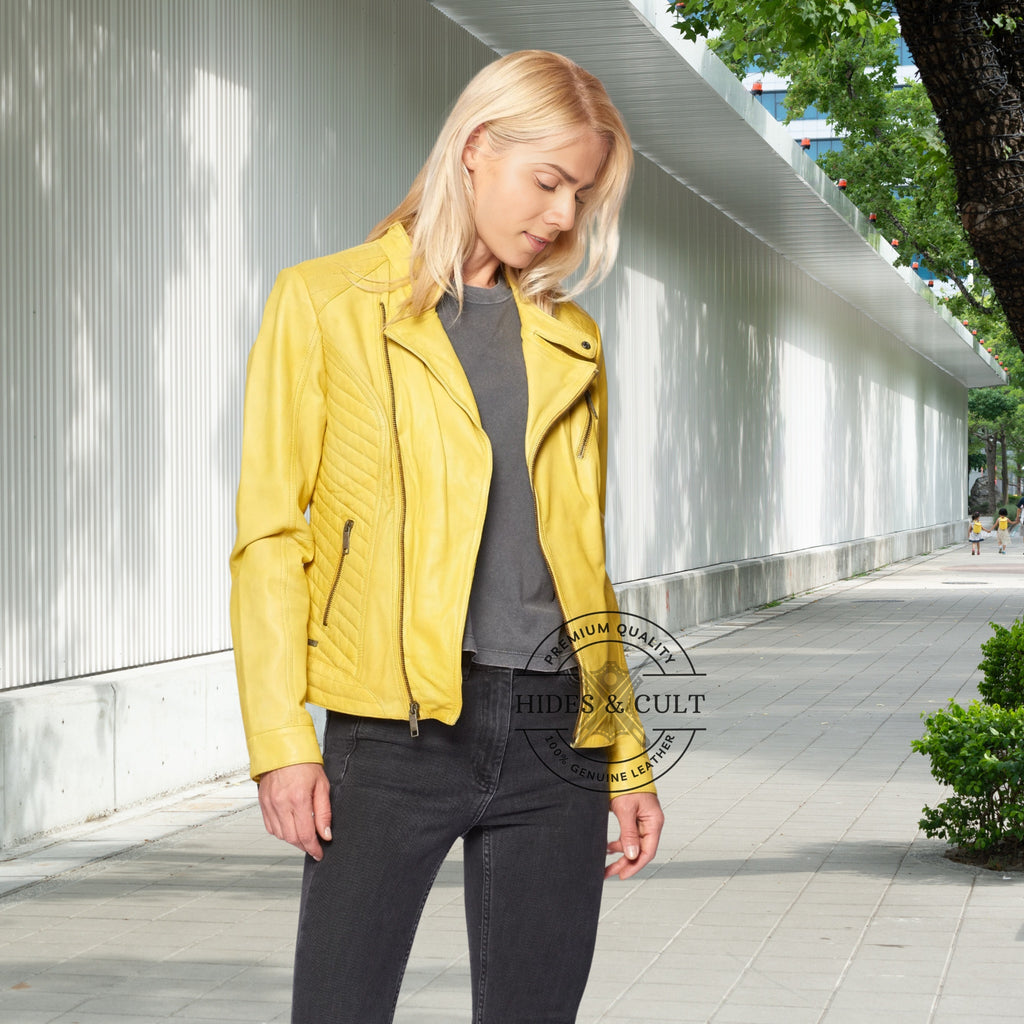 Womens Yellow Quilted Motorcycle Biker Leather Jacket