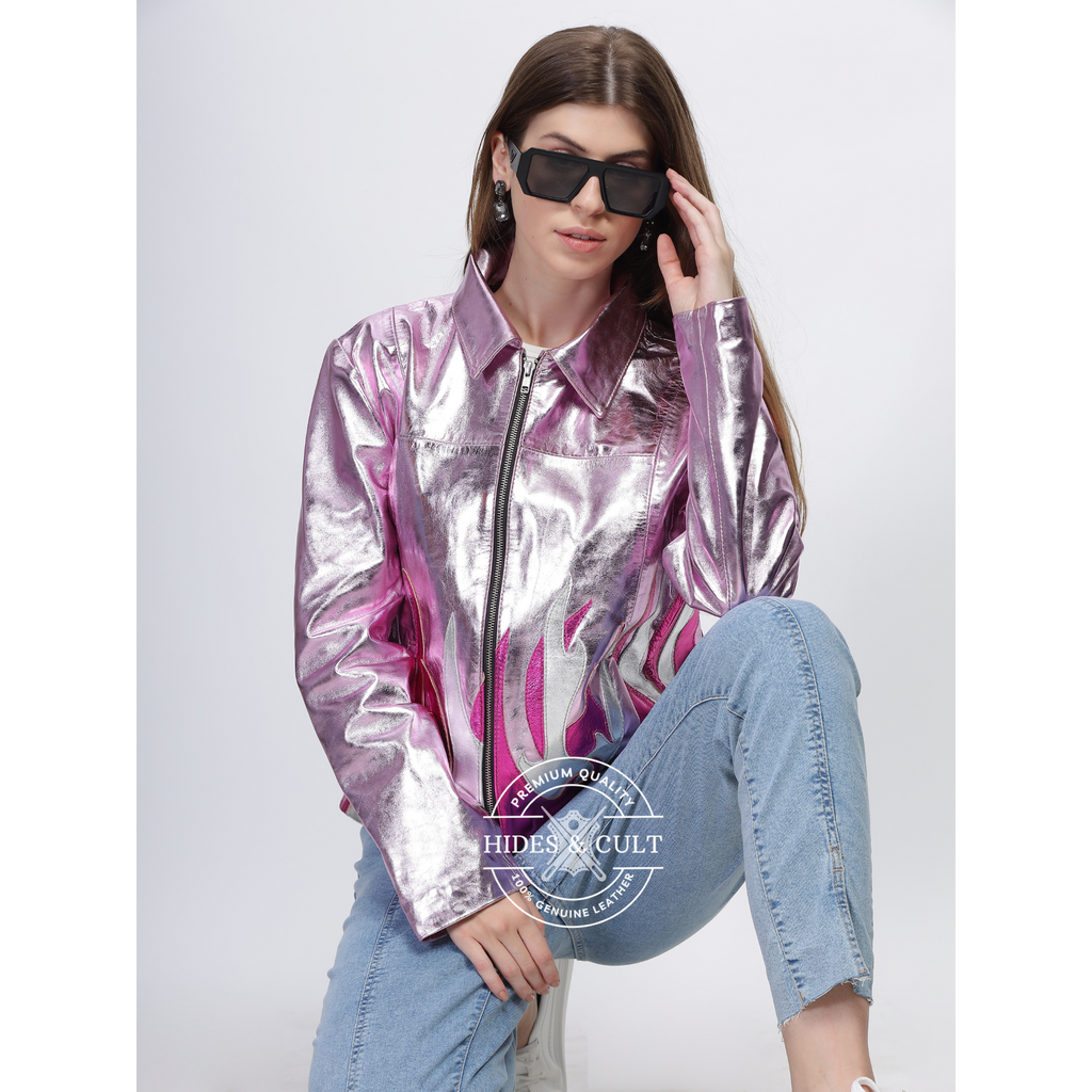 Womens Pink Metallic Foil Fire Effect Genuine Leather Jacket