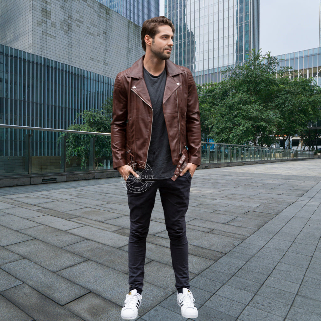 Mens Brown Tailored Motorcycle Biker Genuine Leather Jacket