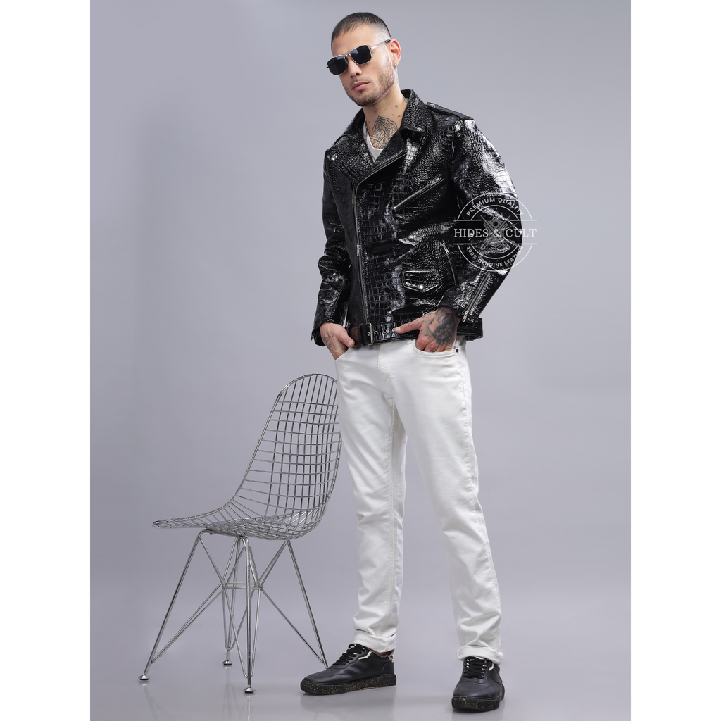 Mens Black Patent Croc Effect Motorcycle Biker Genuine Leather Jacket