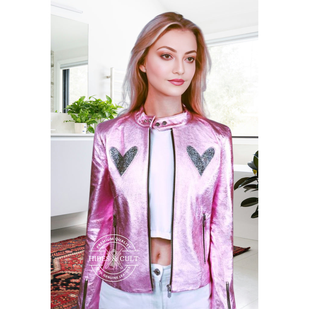 Womens Pink Metallic Foil Crystal Heart Effect Genuine Leather Jacket