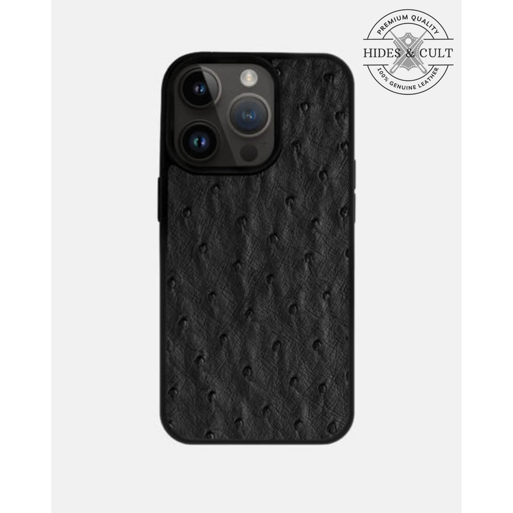 Luxury Black Ostrich Print Shockproof Genuine Leather Iphone Case