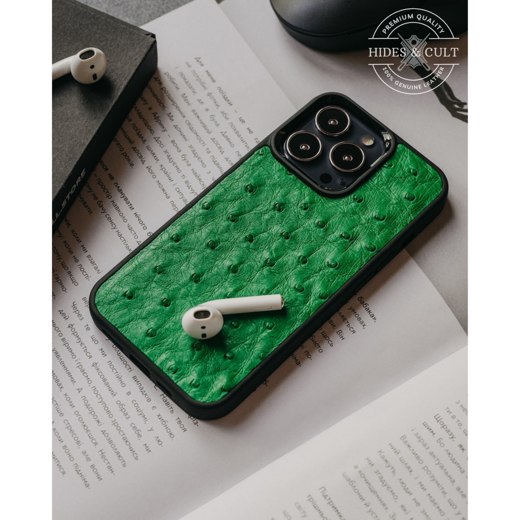 Luxury Green Ostrich Print Shockproof Genuine Leather Iphone Case