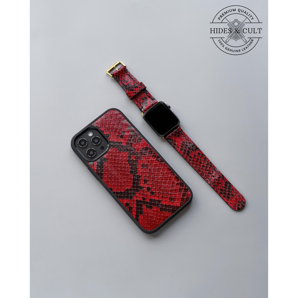 Luxury Red Exotic Python Print Shockproof Genuine Leather Iphone Case