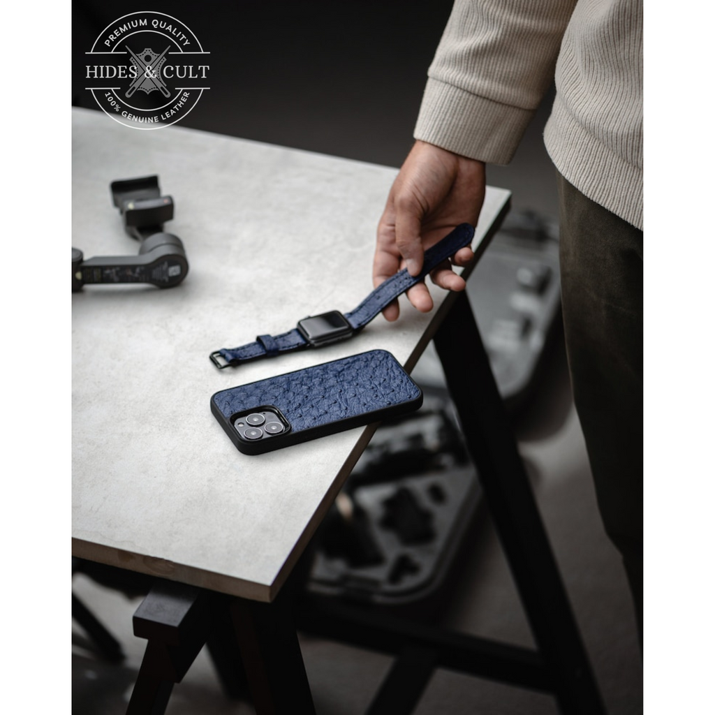 Luxury Blue Ostrich Print Shockproof Genuine Leather Iphone Case