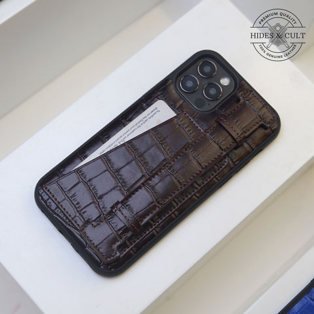 Luxury Brown - Blue Croc Embossed Shockproof Genuine Leather Iphone Case with Handle