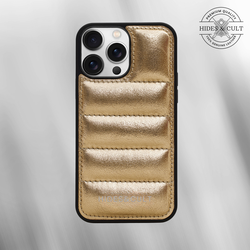 Luxury iPhone Puffer Case - Gold Metallic Foil Quilted Genuine Leather Iphone Case