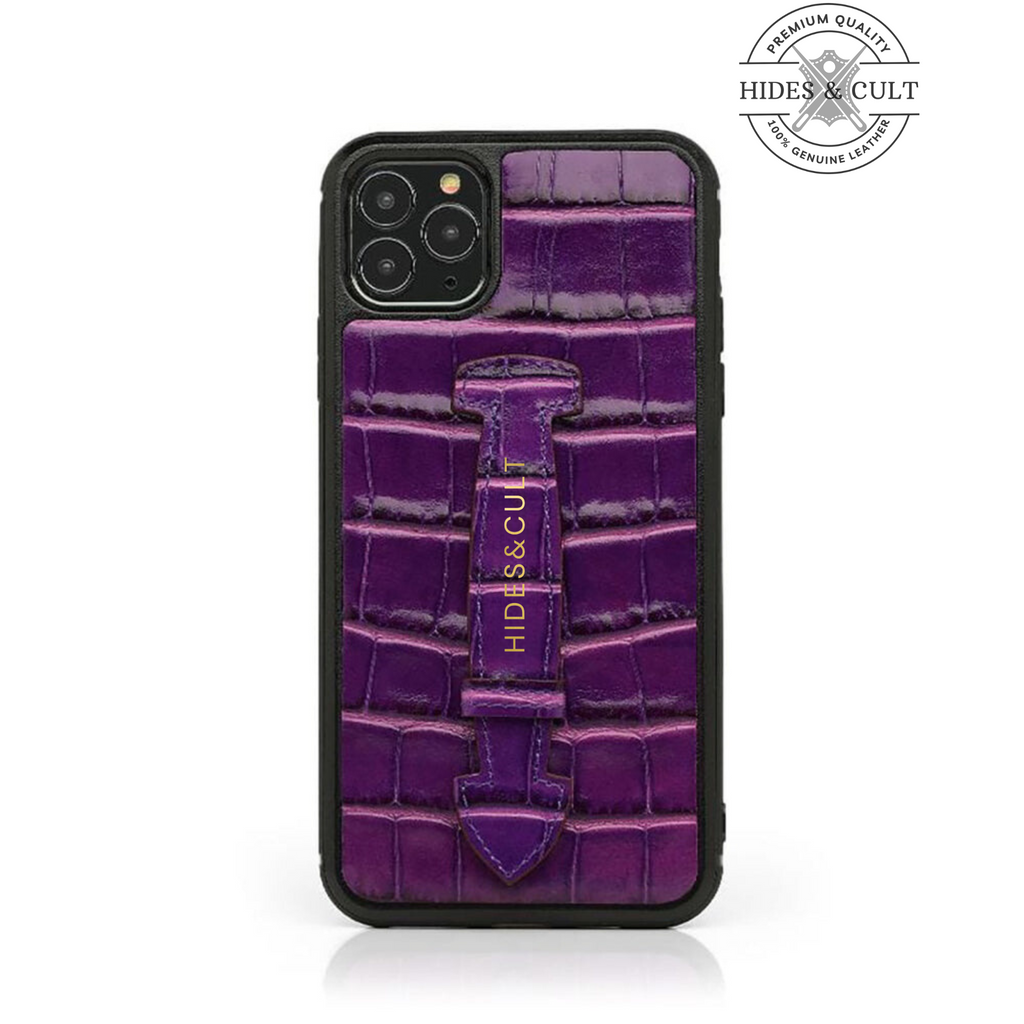 Luxury Black Patent Croc Shockproof Genuine Leather Iphone Case with Handle