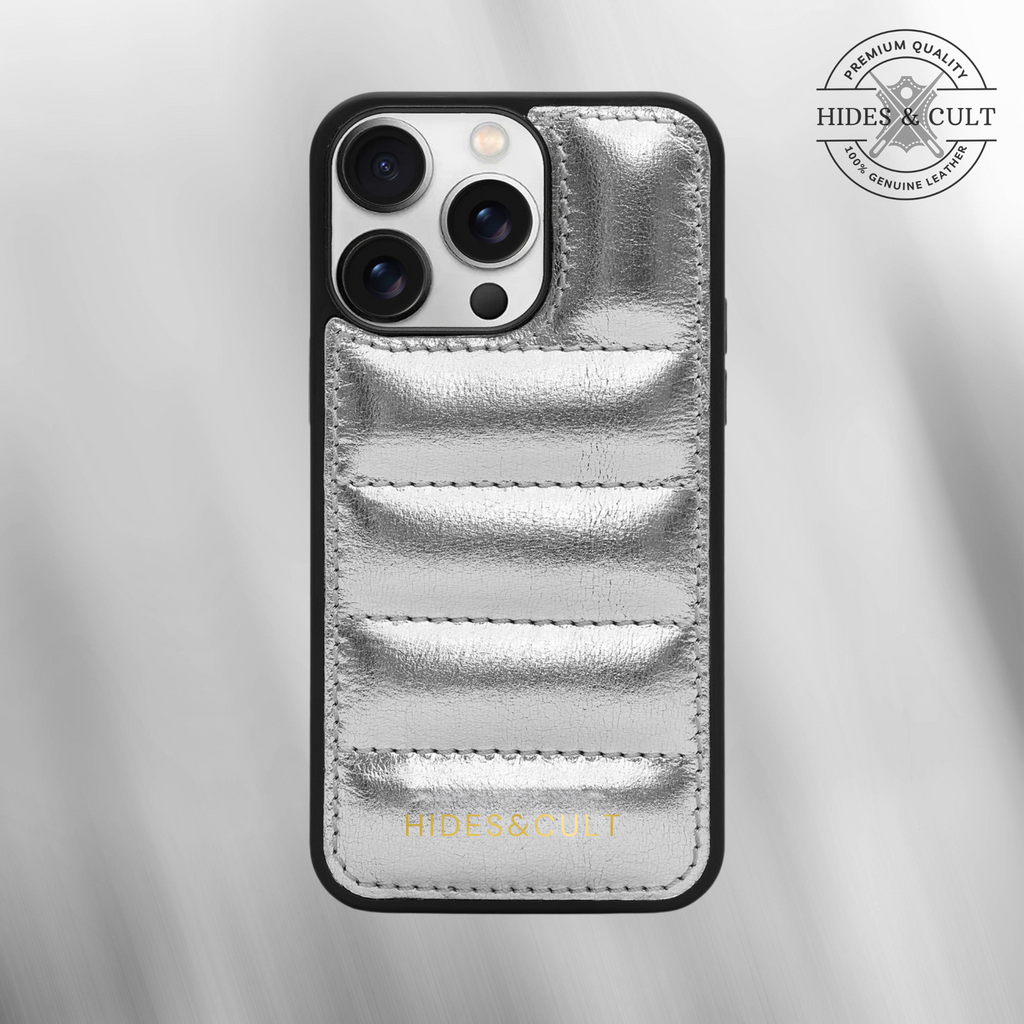 Luxury iPhone Puffer Case - Silver Metallic Foil Quilted Genuine Leather Iphone Case