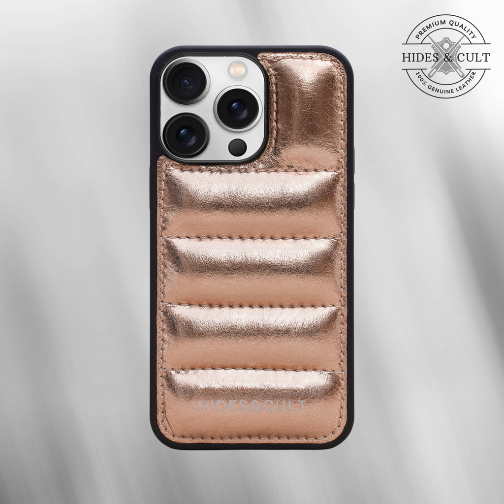 Luxury iPhone Puffer Case - Rose Gold Metallic Foil Quilted Genuine Leather Iphone Case