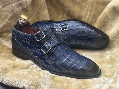 Croco Double Monk Strap Shoes - Deep Blue | Hides&Cult