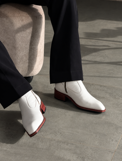 Handmade White Wooden Heal High Ankle Side Zip Genuine Leather Cuban Heel Boots Men | Hides&Cult