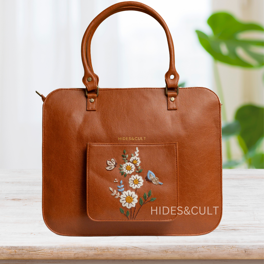 Handcrafted Tan - White Daisy Garden Embroidered Genuine Leather Laptop Bag