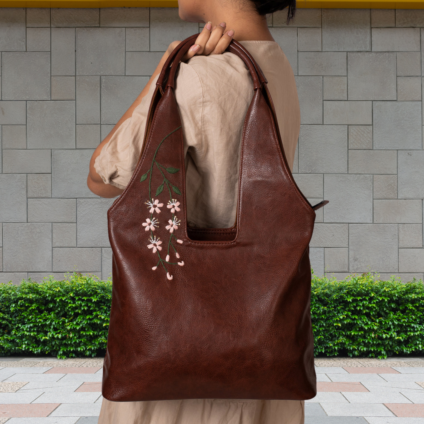 Handcrafted Pink Cherry Blossoms Embroidered Genuine Leather Tote Bag