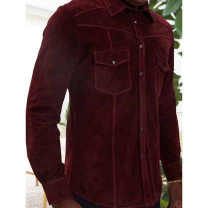 Mens Rich Dark Burgundy Suede Genuine Soft Lamb Leather Shirt