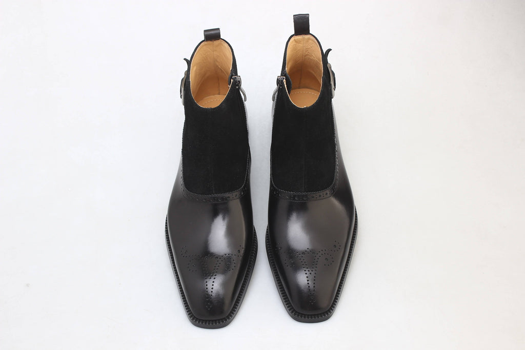 Black Leather - Suede Monk Strap Ankle Leather Boots
