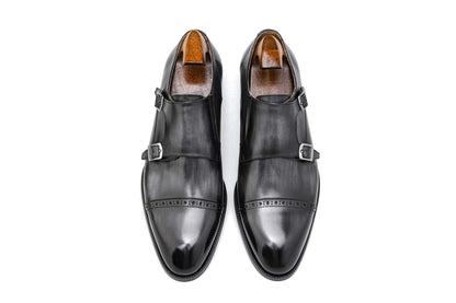 Grey Patina Double Monk Strap Shoes - Round Toe | Hides&Cult