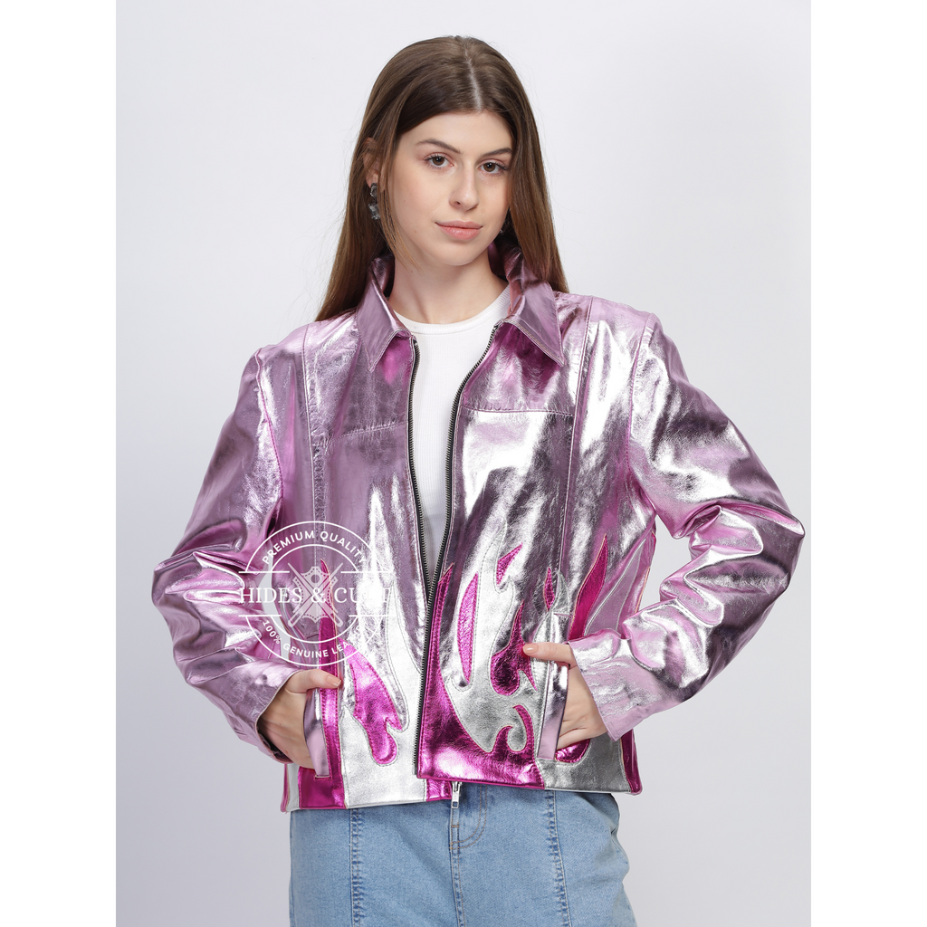 Womens Pink Metallic Foil Fire Effect Genuine Leather Jacket